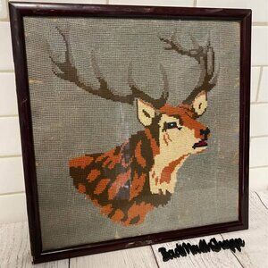Vintage Antique Elk Crewel Embroidery Framed Art Decor